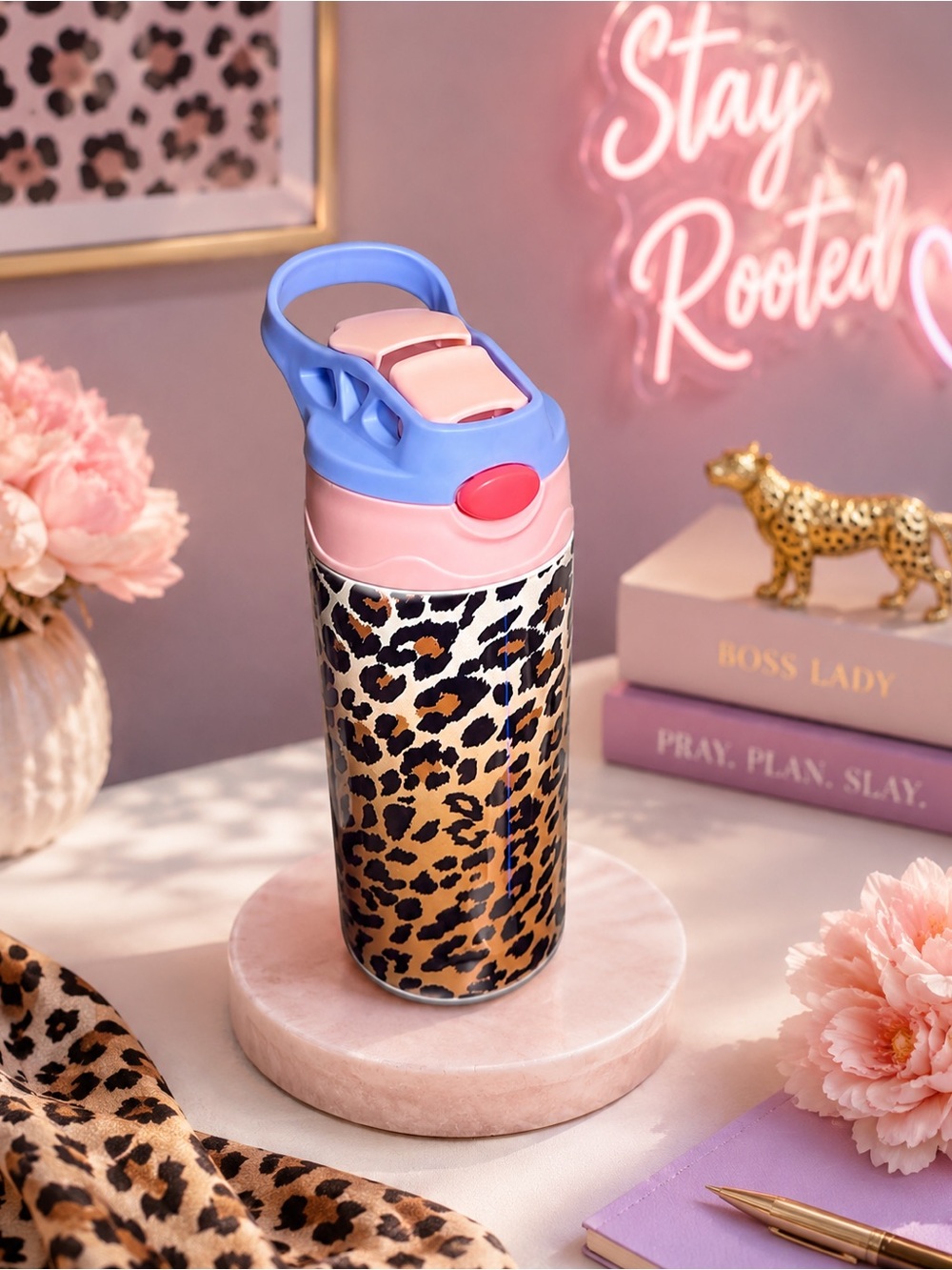 Leopard Print Kids Water Bottle with Pink & Blue Lid - Cute Animal Design
